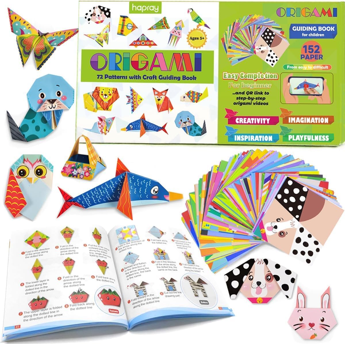 Origami Kit for Kids Ages 6-12 10 Year Olds, with Guiding Book, 152 Paper with 72 Patterns, DIY Art and Craft Projects Activity, Beginners Children's Day Gift Childs Boys Girls