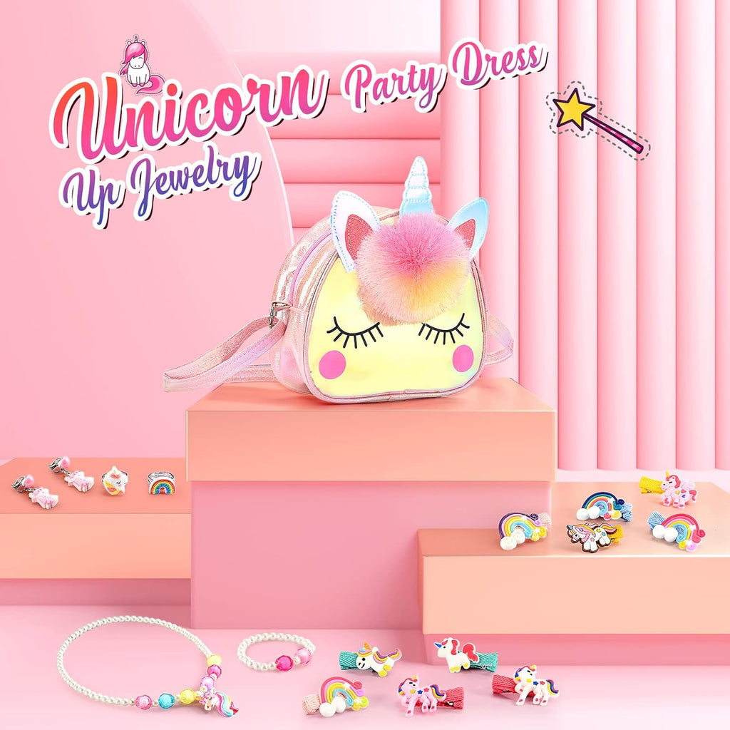 Unicorn Gifts for Girls, Kids Jewellery Sets for Girl Unicorn Toys for 2 3 4 5 6 Year Old Girl Toys Age 2 3 4 5 6 Year Old Gifts for 2-12 Year Olds Girls Birthday Presents Crossbody Bag