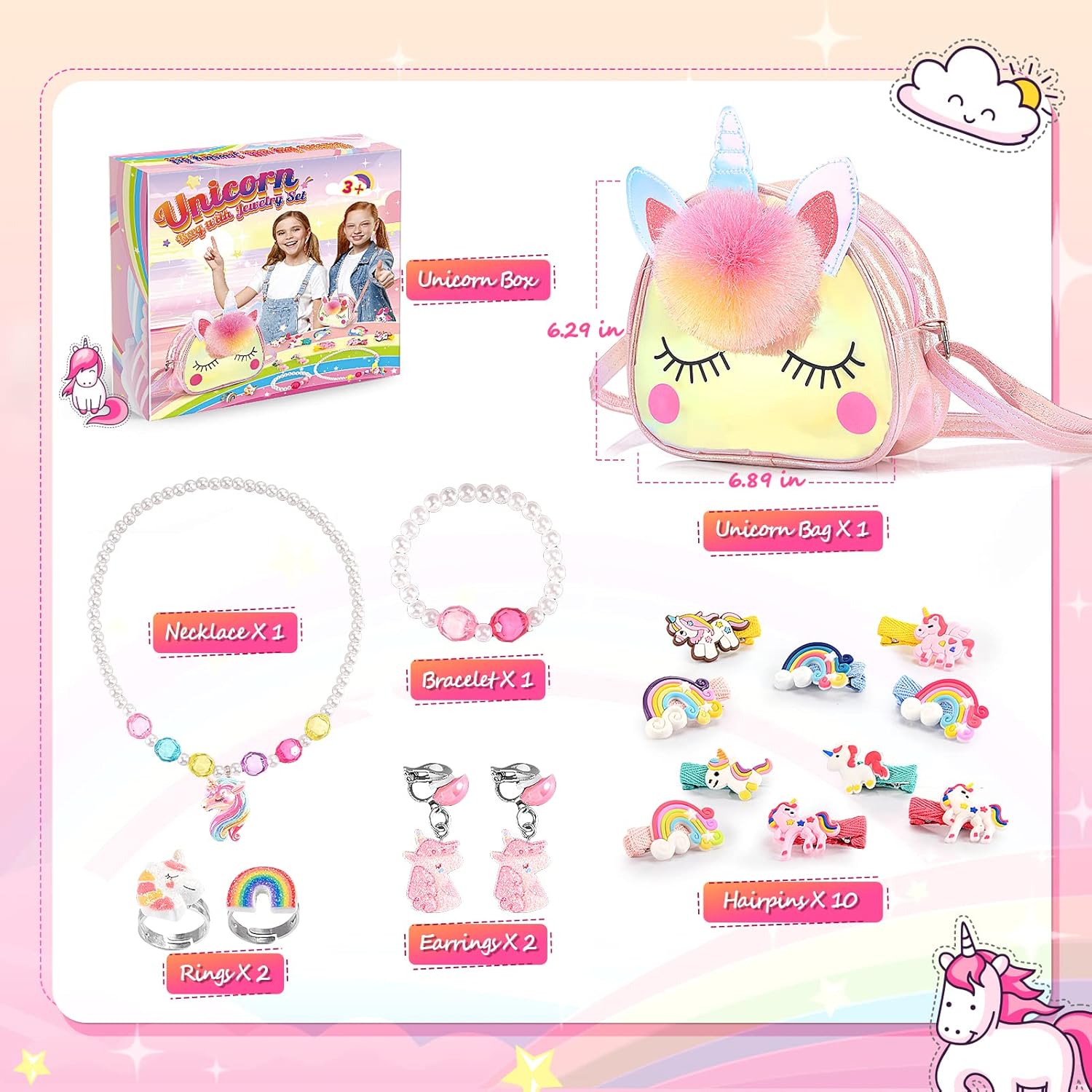 Unicorn Gifts for Girls, Kids Jewellery Sets for Girl Unicorn Toys for 2 3 4 5 6 Year Old Girl Toys Age 2 3 4 5 6 Year Old Gifts for 2-12 Year Olds Girls Birthday Presents Crossbody Bag