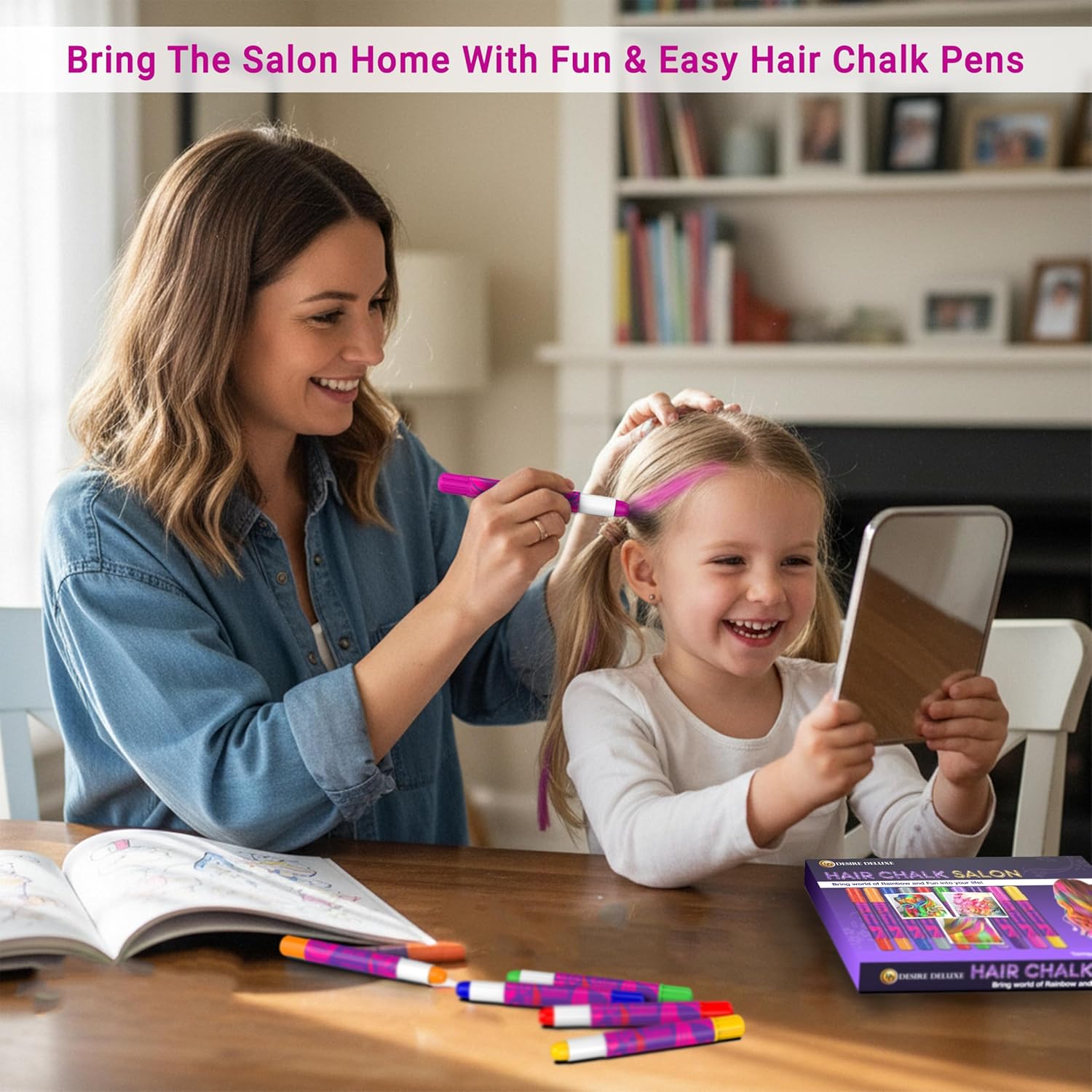 Desire Deluxe Hair Chalk Gift for Girls - 10 Temporary Non-Toxic Easy Washable Hair Dye Colourful, Metallic, Glitter Pens - Great Games Birthday Girls