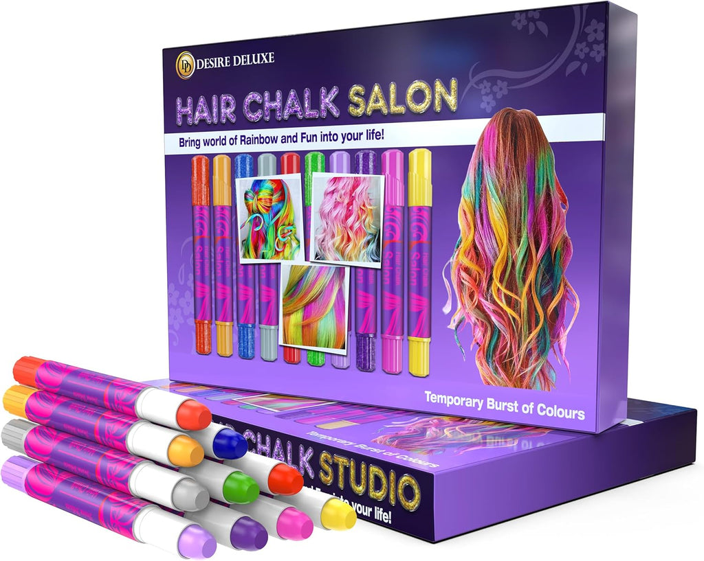 Desire Deluxe Hair Chalk Gift for Girls - 10 Temporary Non-Toxic Easy Washable Hair Dye Colourful, Metallic, Glitter Pens - Great Games Birthday Girls