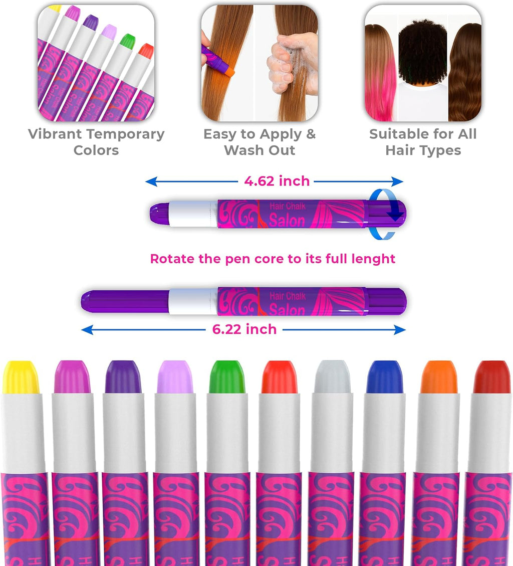Desire Deluxe Hair Chalk Gift for Girls - 10 Temporary Non-Toxic Easy Washable Hair Dye Colourful, Metallic, Glitter Pens - Great Games Birthday Girls