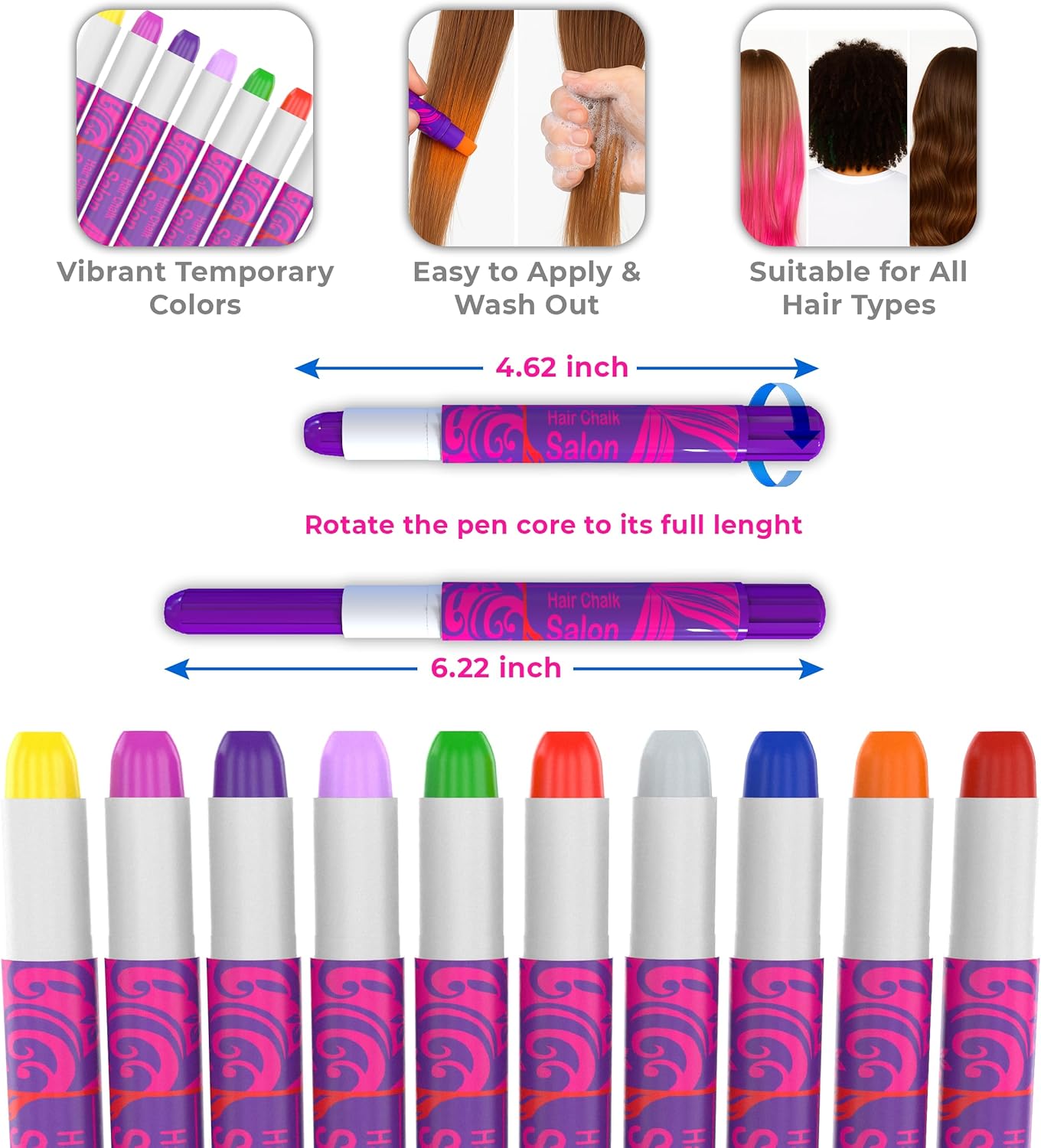Desire Deluxe Hair Chalk Gift for Girls - 10 Temporary Non-Toxic Easy Washable Hair Dye Colourful, Metallic, Glitter Pens - Great Games Birthday Girls