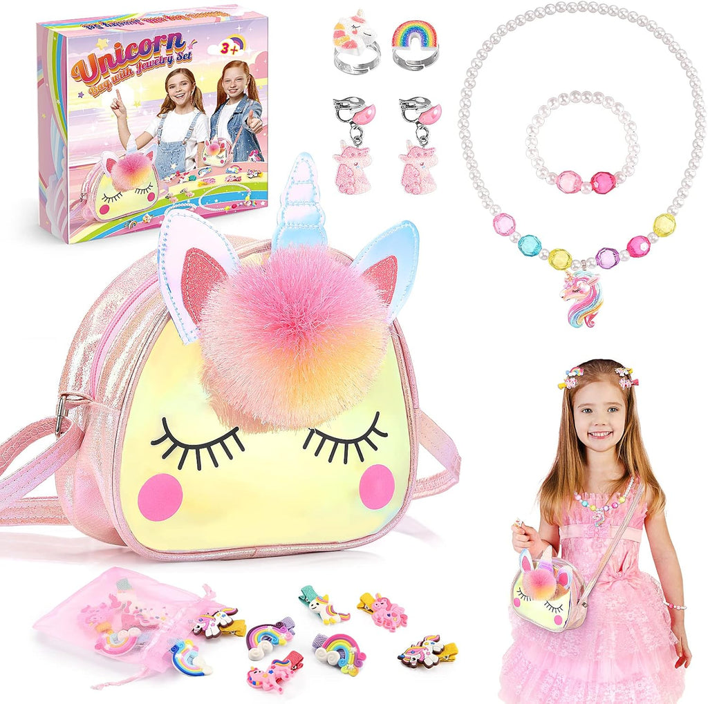 Unicorn Gifts for Girls, Kids Jewellery Sets for Girl Unicorn Toys for 2 3 4 5 6 Year Old Girl Toys Age 2 3 4 5 6 Year Old Gifts for 2-12 Year Olds Girls Birthday Presents Crossbody Bag