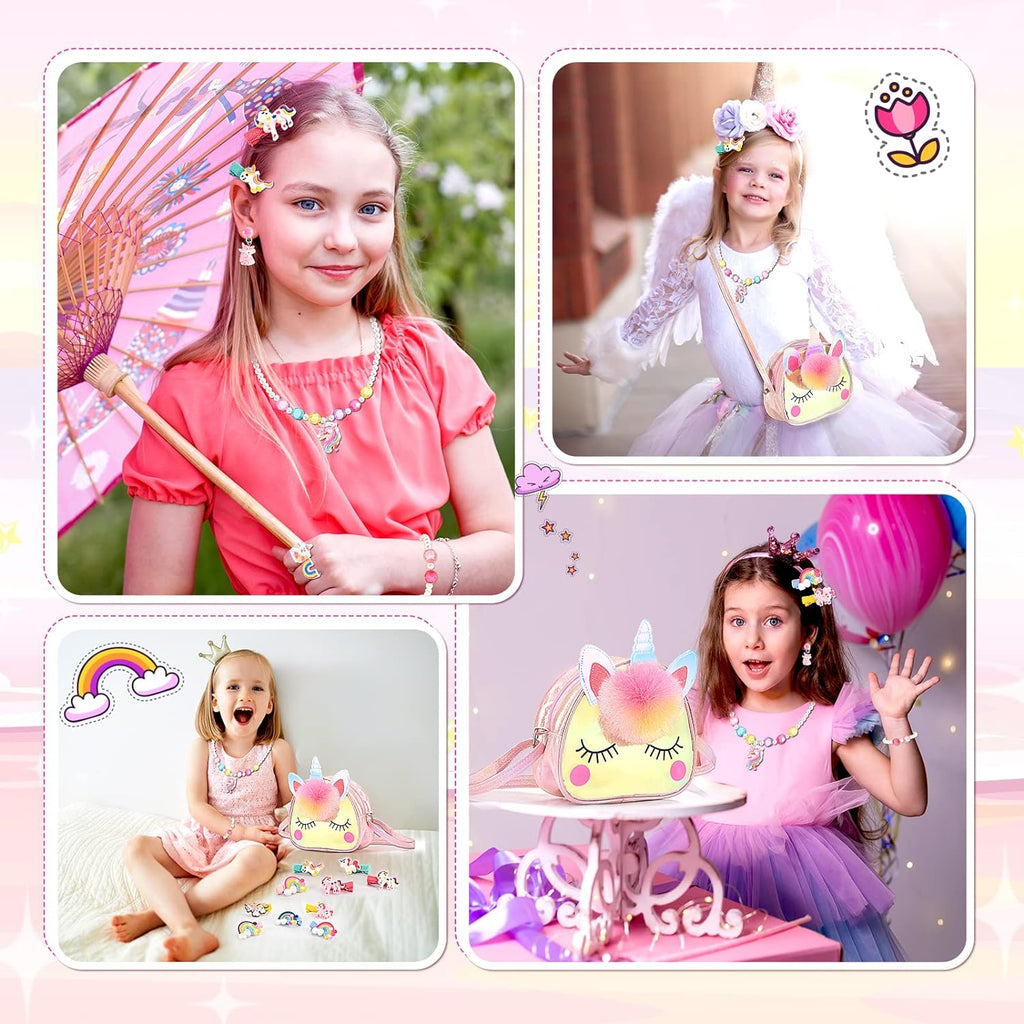 Unicorn Gifts for Girls, Kids Jewellery Sets for Girl Unicorn Toys for 2 3 4 5 6 Year Old Girl Toys Age 2 3 4 5 6 Year Old Gifts for 2-12 Year Olds Girls Birthday Presents Crossbody Bag