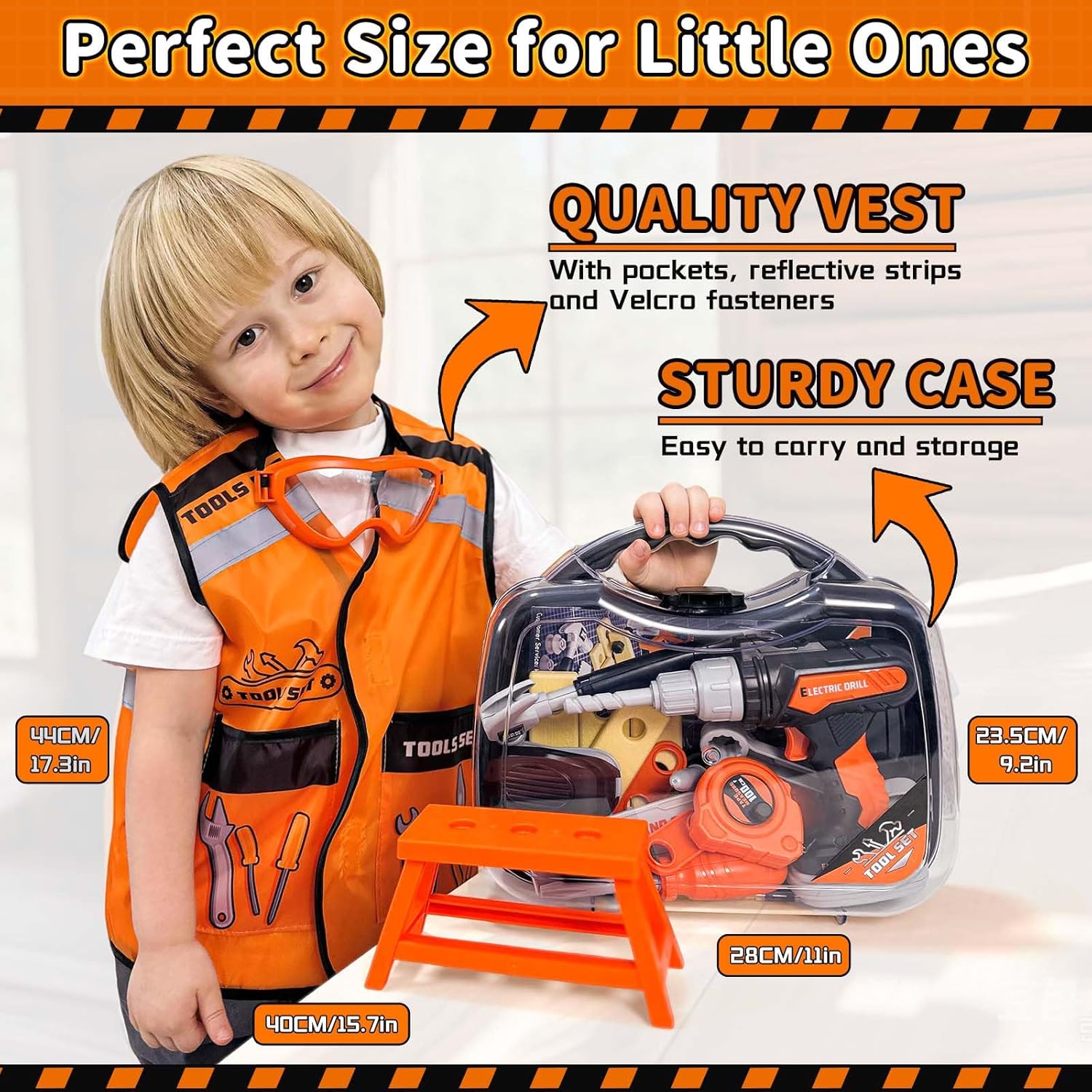 KidBloom Kids Tool Set with Toy Drill, Construction Tools with Tool Box and Vest, Toys for 3 4 Year Old Boys Gifts